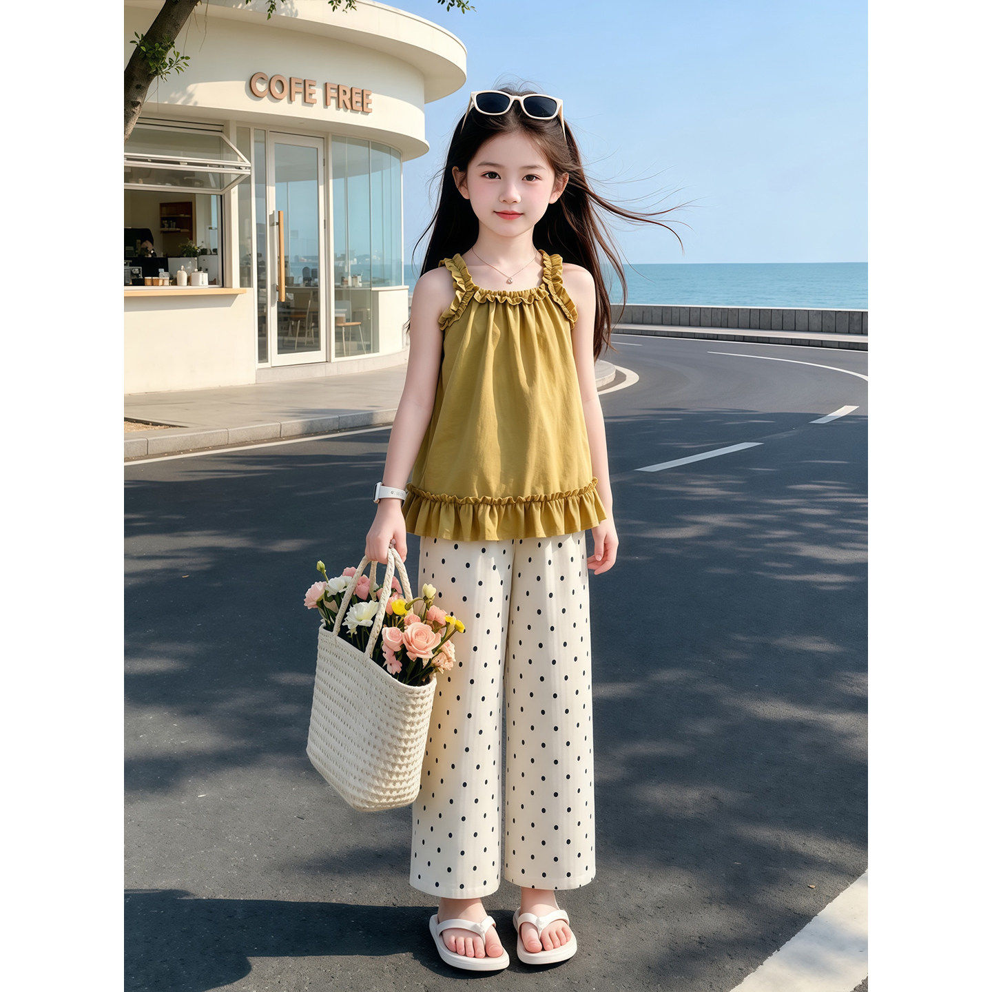 女童娃娃衫套装夏季2026新款儿童洋派吊带上衣夏女孩波点裤两件套