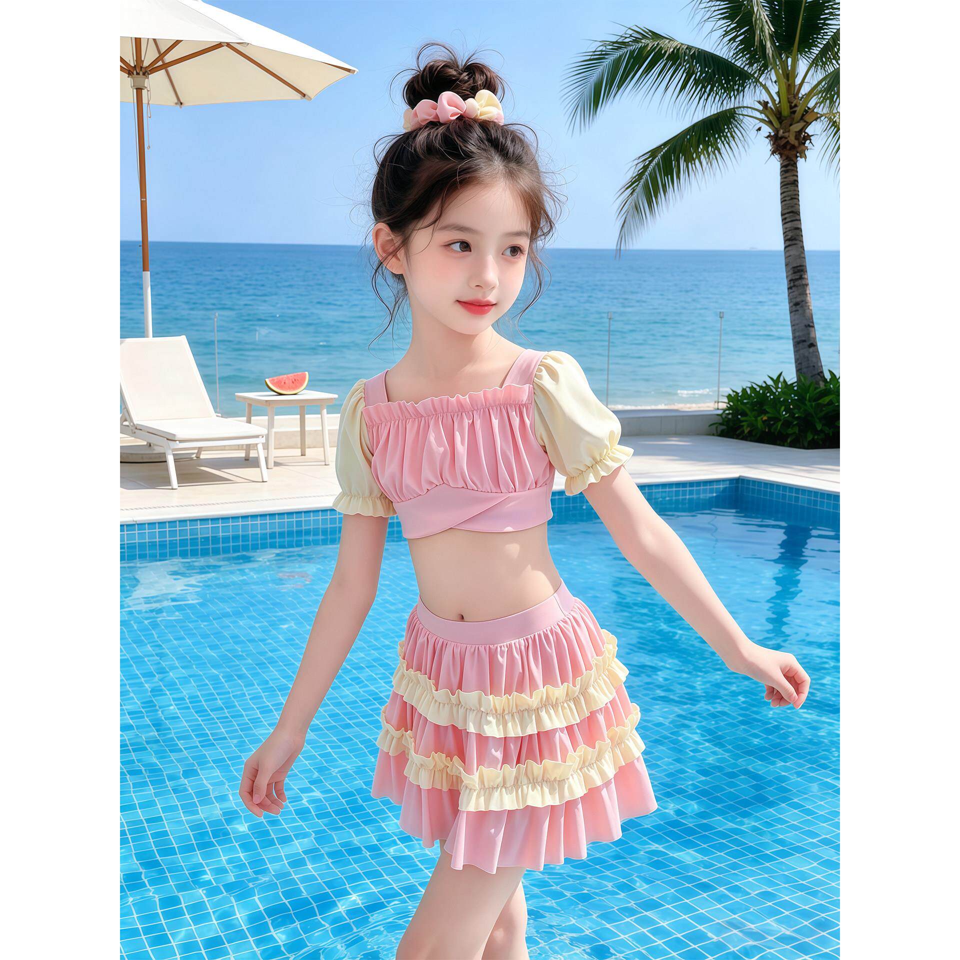 女童泳衣2026新款儿童分体裙式游泳衣夏季女孩好看蛋糕裙泳装套装