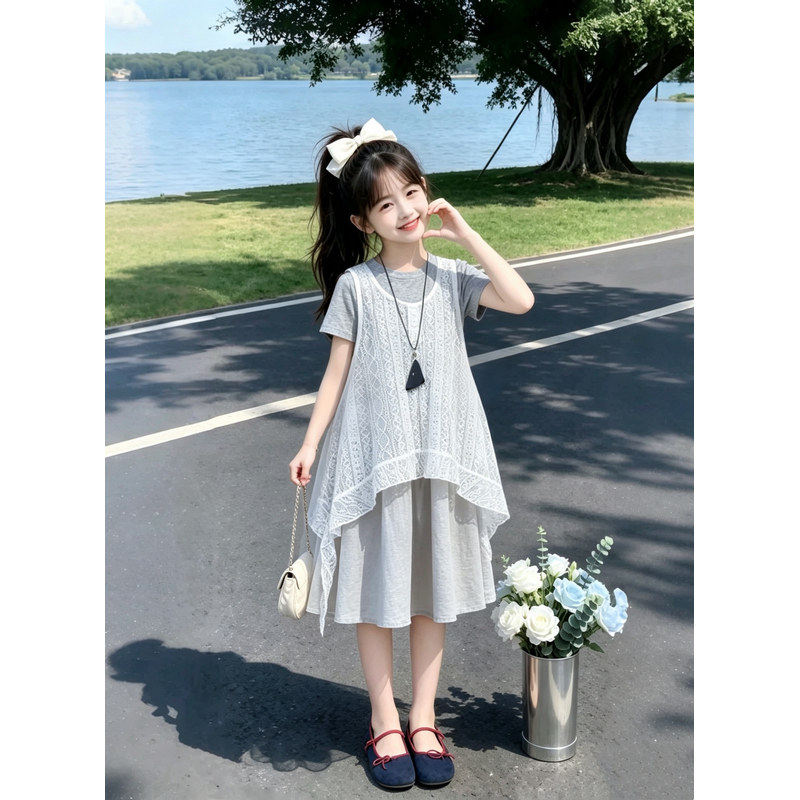 女童叠穿洋装夏季度假风2026新款甜美女孩森系短袖网纱裙套装裙