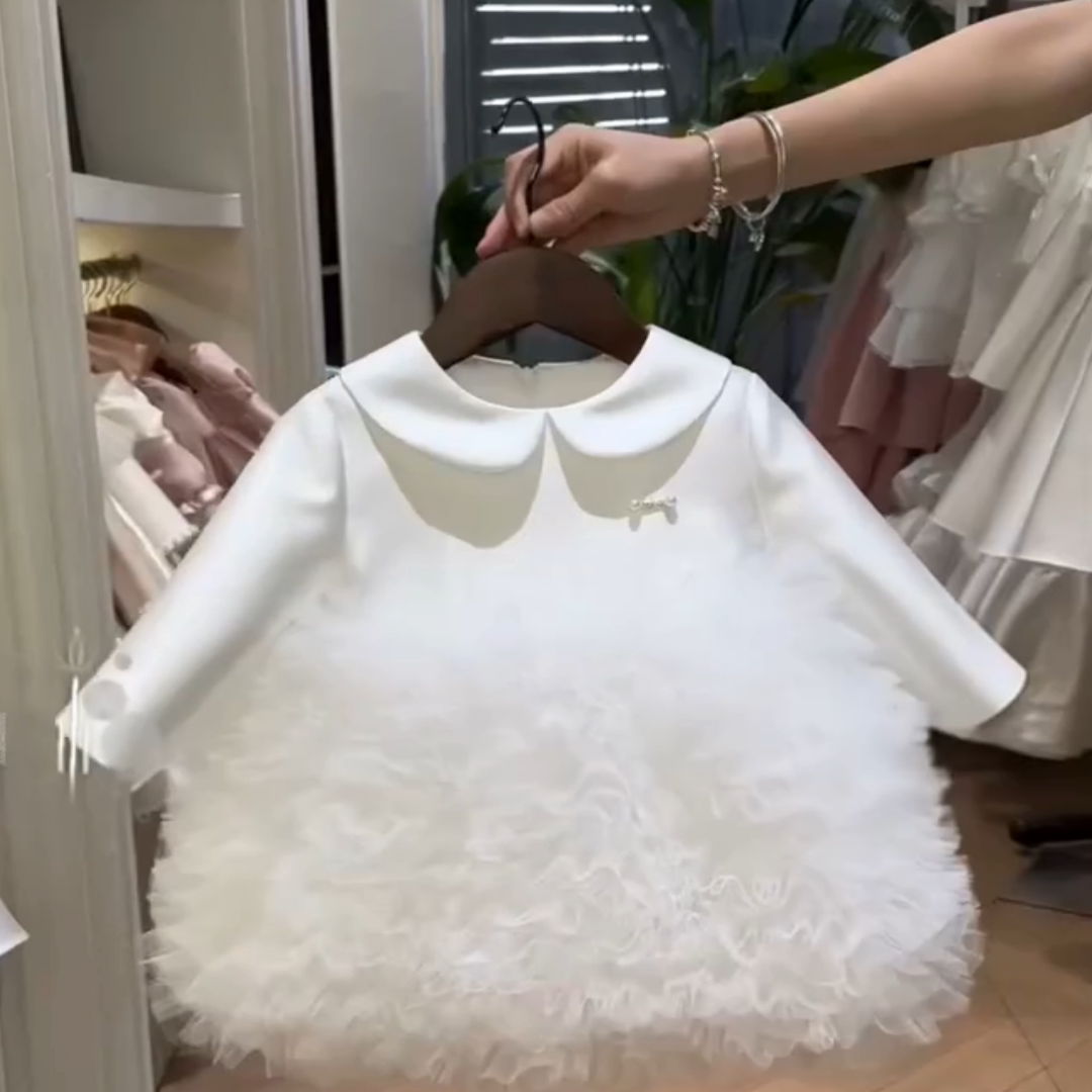 女童周岁女宝礼服白色娃娃领连衣裙2026春夏新款甜美可爱公主纱裙