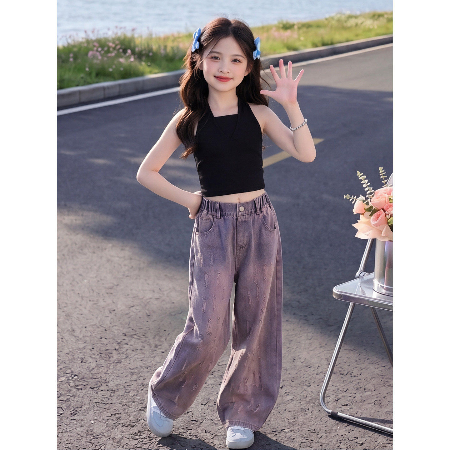 女童夏套装儿童爵士舞街舞背心潮酷破洞牛仔裤两件套大童女孩衣服