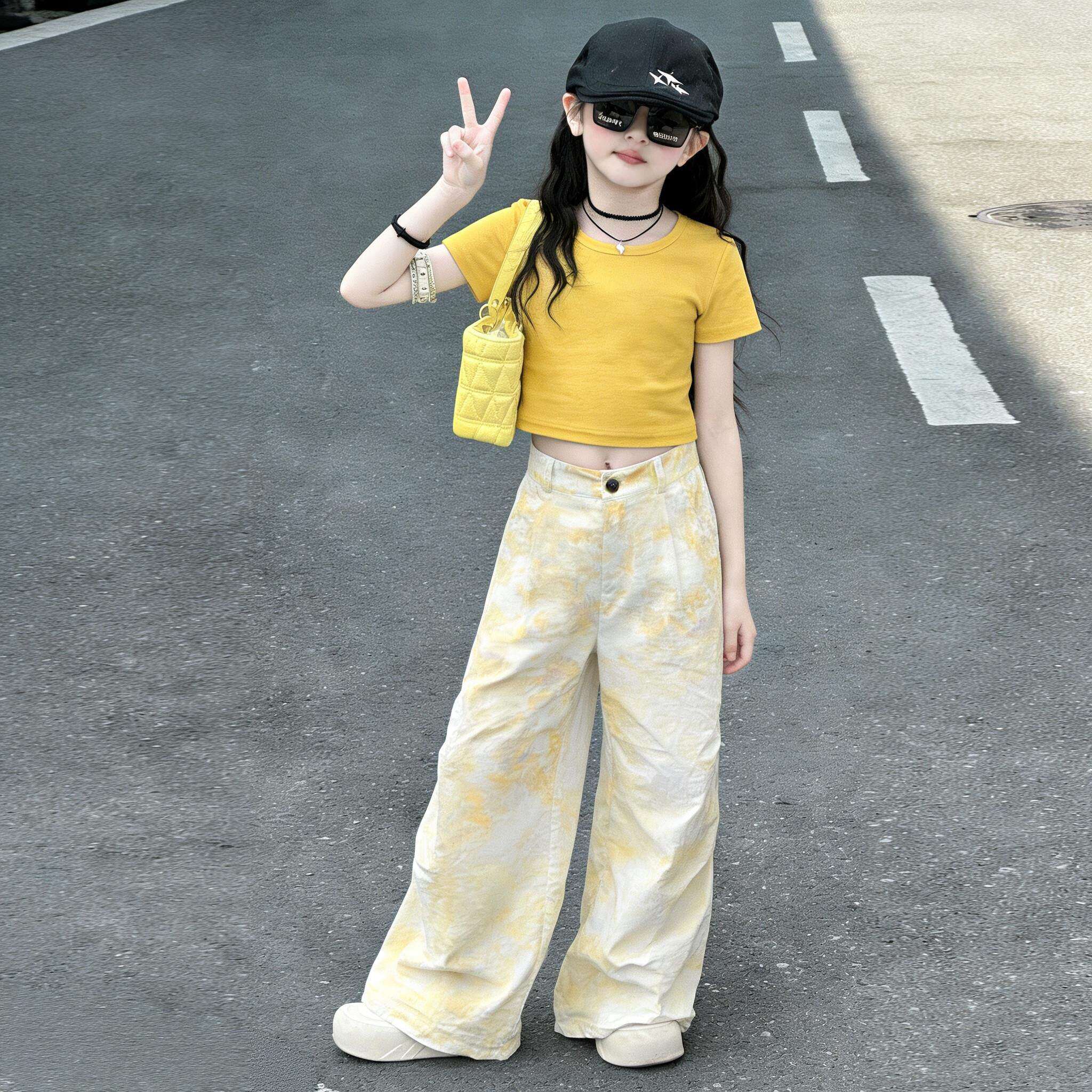 女童夏装套装2026新款童装儿童洋气阔腿裤独特漂亮短袖两件套大童