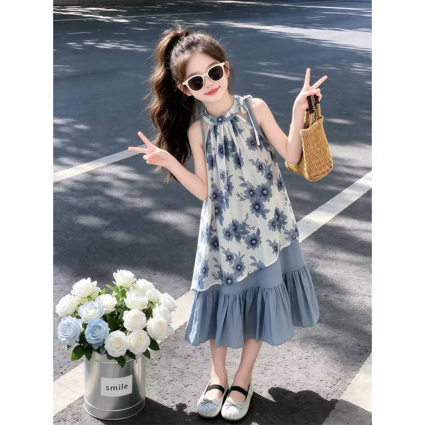 女童连衣裙2026年新款夏季洋气时髦中大童韩版个性叠穿汉服两件套