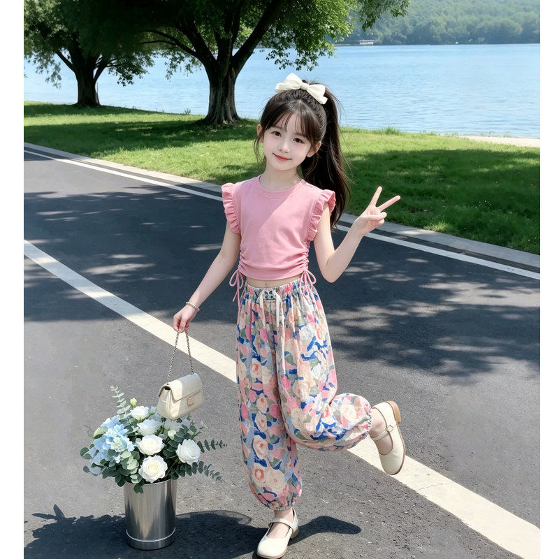 女童夏季套装2026新款冰丝薄款T恤碎花裤子儿童防蚊裤背心两件套