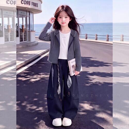 女童条纹连帽卫衣套装春秋新款