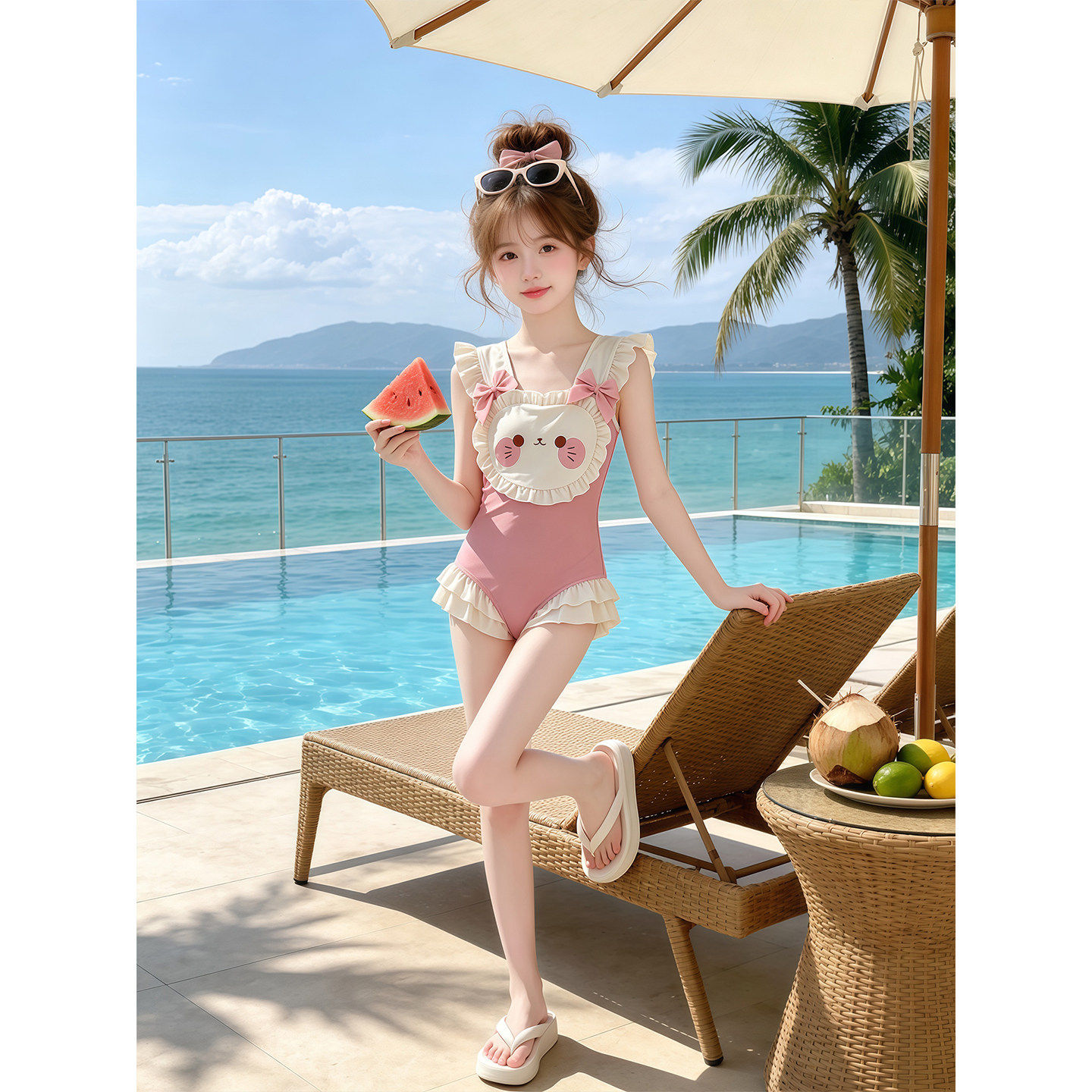 女童连身泳衣夏季2026新款儿童卡通小熊游泳衣夏装女孩甜美游泳服