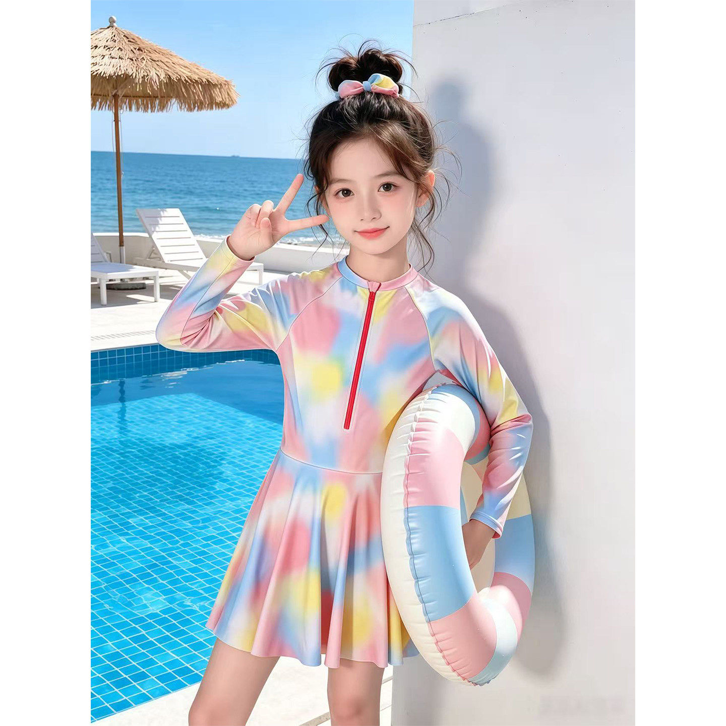 儿童泳衣2026新款女童长袖拉炼裙款扎染保守速干度假戏水游泳衣潮