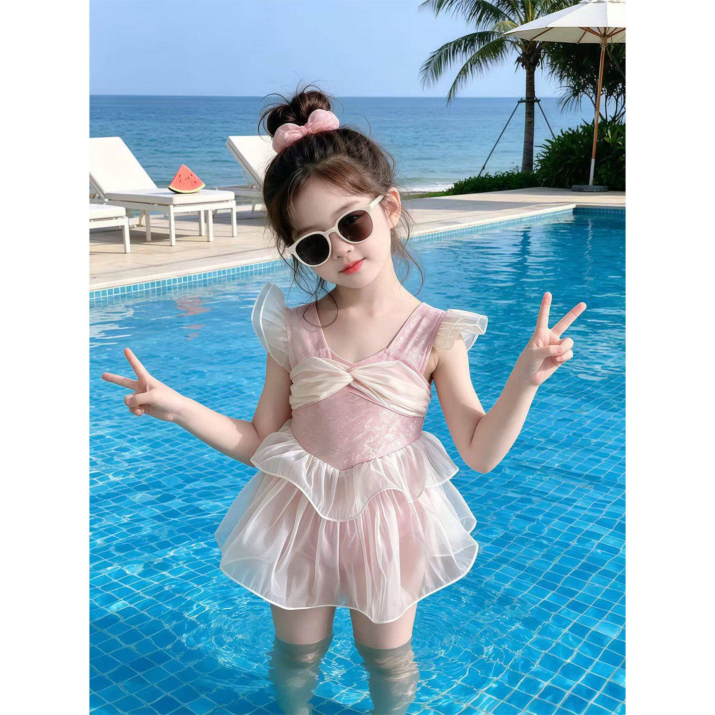 女童粉色烫金网纱连体泳衣2026新款夏季洋气时髦高级感独特漂亮潮