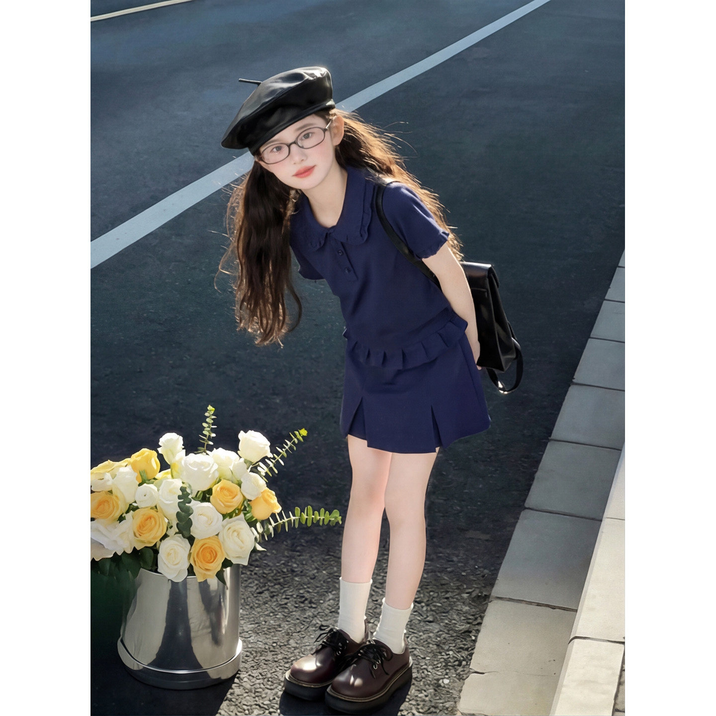 女童夏季学院风POLO领短袖套装