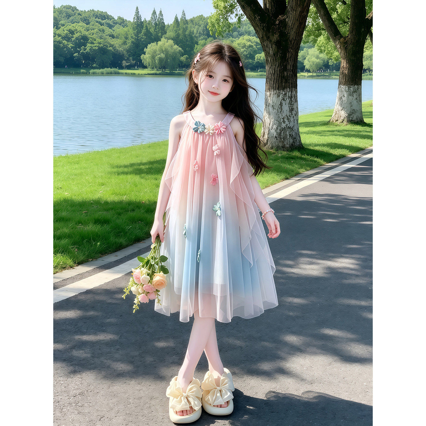 女童夏季吊带裙2026新款儿童洋派渐层色洋装夏装女孩甜美背心裙