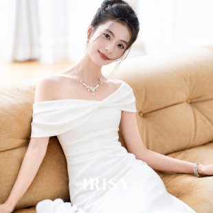 IRISY 白色缎面订婚礼服气质蝴蝶结成人礼服领证连衣裙轻婚纱女