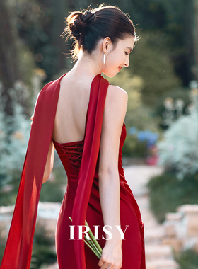 原创正版IRISY「晨绯」新娘订婚礼服女单肩晨袍连衣裙红色敬酒服