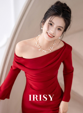 IRISY 「红杉Ⅱ」红色长袖斜肩订婚礼服气质新娘敬酒服晨袍连衣裙
