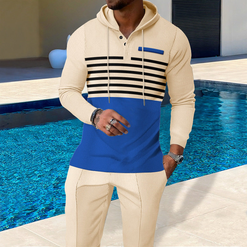 亚马逊跨境爆款欧美男士拼色长袖连帽卫衣套头华夫格休闲长裤套装