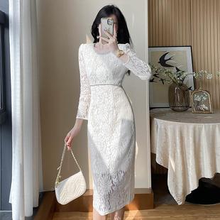 高端精致蕾丝连衣裙女春秋季新款高定奢华白色高级感重工礼服裙子