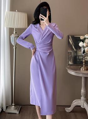 紫色长袖西装连衣裙春秋新款法式御姐气质修身女神范收腰礼服长裙