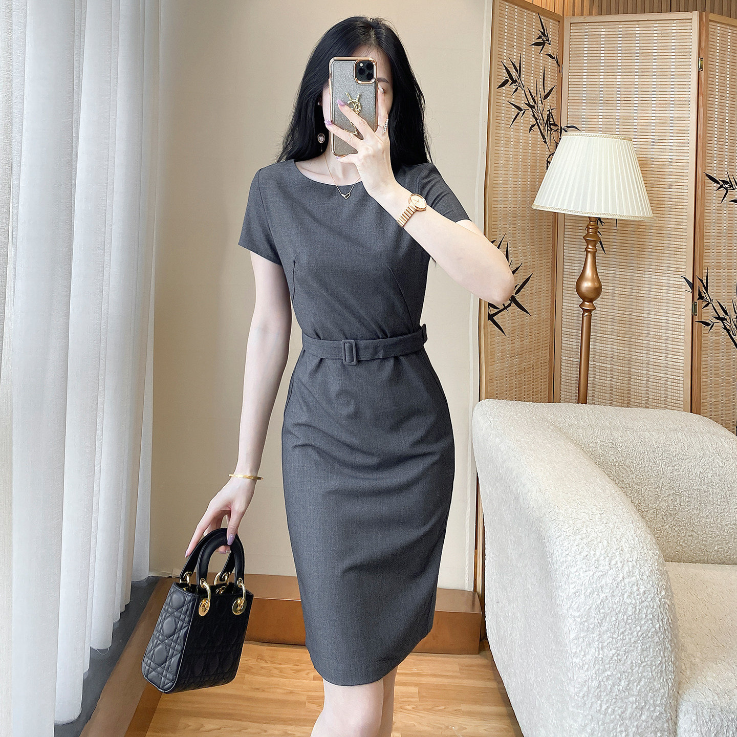 高级感灰色职业连衣裙女夏装高端通勤干练气质修身收腰OL包臀裙子