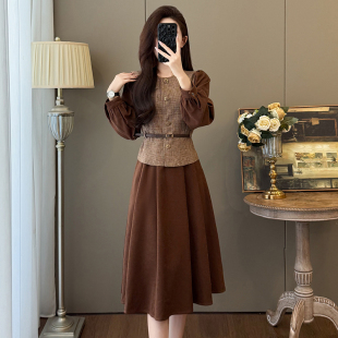 千鸟格马甲连衣裙套装 高级感气质棕色收腰显瘦两件套穿搭 女秋冬季