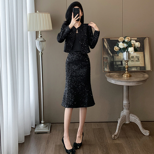 高级轻奢黑色亮片外套半身裙套装 御姐范气质套裙两件套 女秋冬时尚