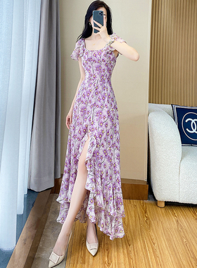 紫色碎花连衣裙女法式温柔浪漫度假独特显瘦前短后长不规则鱼尾裙