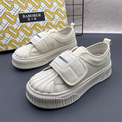 贝壳头圆头真皮撤柜处理女鞋新款平底防滑魔术贴时尚日常休闲单鞋