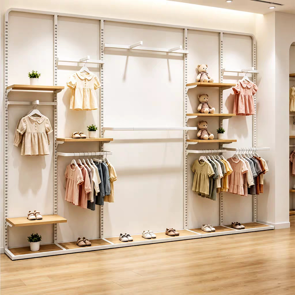 童装店服装展示架多功能上墙落地式组合货架童装陈列架铁木结合架