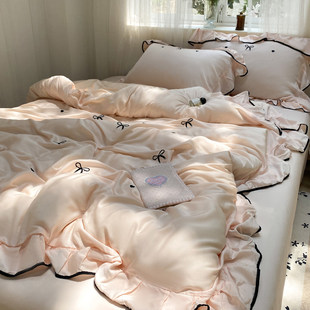 公主风凉感水洗真丝冰丝四件套床上用品夏季床单被套宿舍三件套