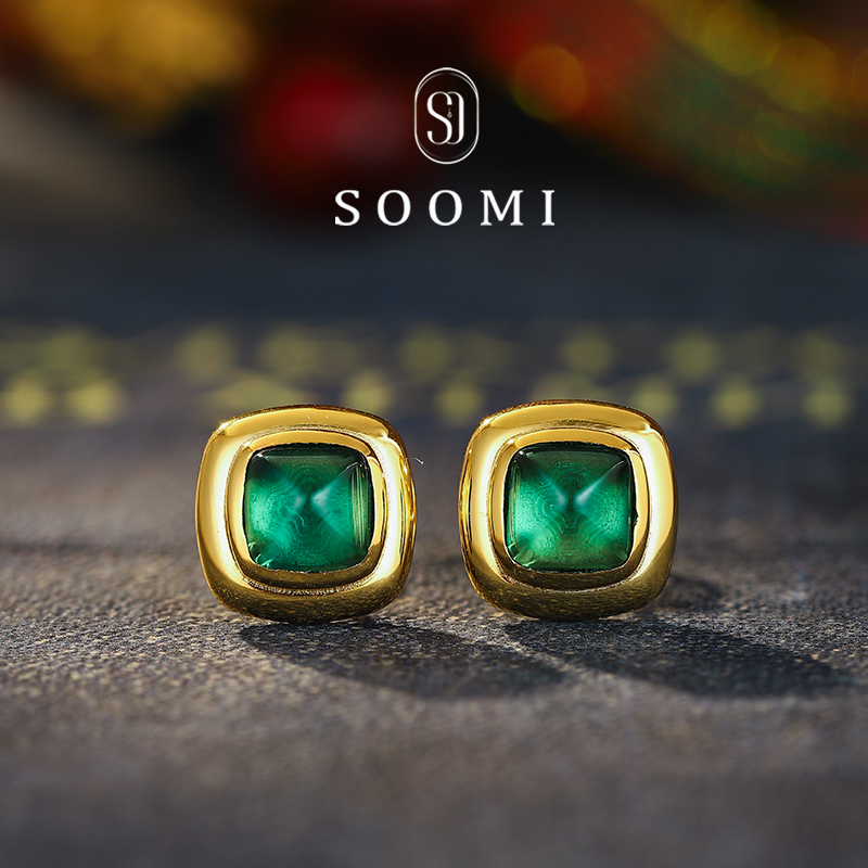 925银简约糖塔祖母绿耳钉女