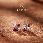 925银培育合成鸽血红宝石耳钉时尚 SOOMI雅迪 小众设计耳饰女