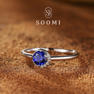 【SOOMI蓝月牙】925银培育皇家蓝宝石戒指日常简约个性设计戒环女