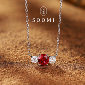 925银圆形实验室鸽血红宝石项链日常百搭吊坠女 SOOMI双星映月