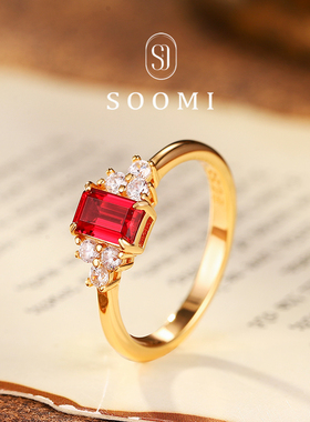 【SOOMI火烧云】925银0.7ct培育鸽血红宝石戒指经典简约戒环女