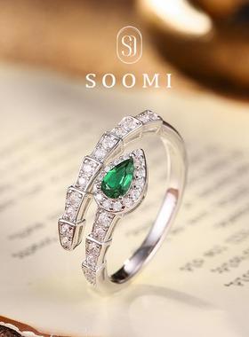 【SOOMI灵蛇献瑞】925纯银培育沃顿绿祖母绿宝石戒指个性时尚蛇戒