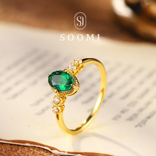 百搭设计戒环女 925银1克拉培育祖母绿宝石戒指时尚 SOOMI露珠