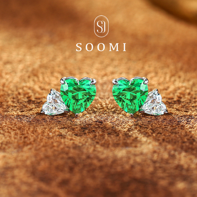 【SOOMI心影】沙弗莱耳钉2.2ct培育彩宝爱心形耳饰翠绿宝石耳环女