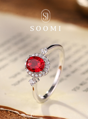 【SOOMI月季花】925银实验室培育鸽血红宝石戒指简约日常戒环女