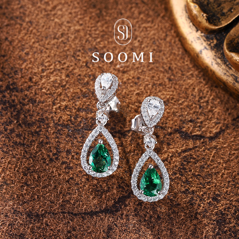【SOOMI福气将】高端气质培育祖母绿水滴925银镶耳钉日常通勤耳环