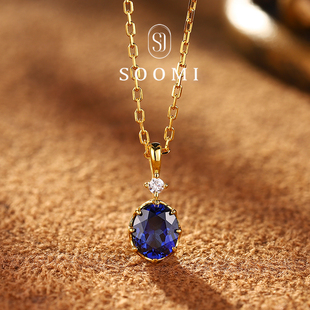 925银1克拉培育皇家蓝宝石项链简约百搭设计吊坠 方圆 SOOMI