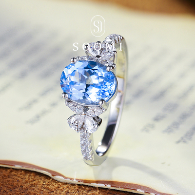 【SOOMI 欧若拉】海蓝宝戒指2.6ct培育宝石蛋形镶钻女戒925银戒