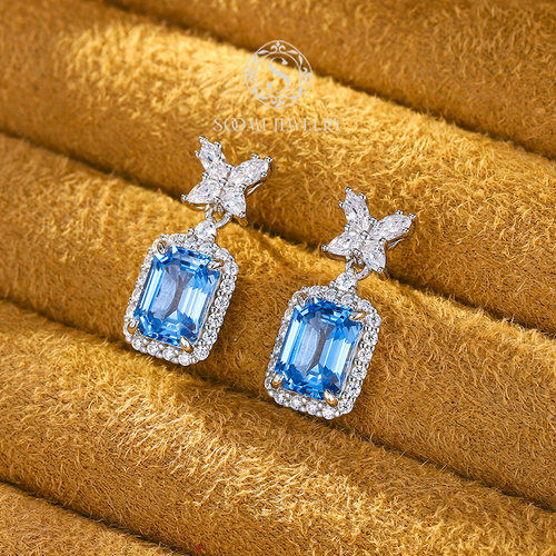 【新品 晚秋】海蓝宝耳钉4ct培育尖晶石彩宝华丽款925银镀真金