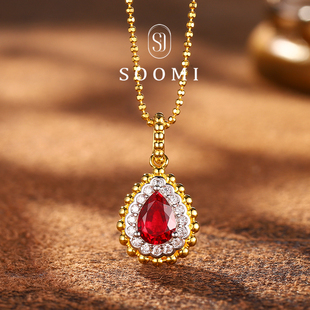 925银培育水滴鸽血红宝石吊坠复古分色工艺设计项链 鸿运 SOOMI