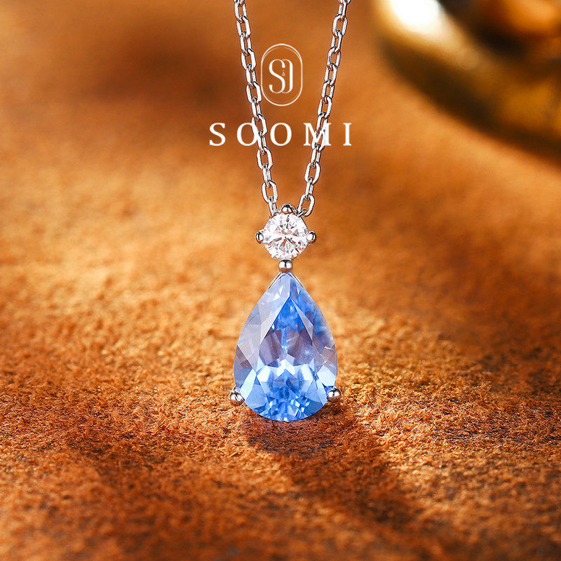【SOOMI人鱼泪】培育宝石项链2.6ct海蓝宝水滴吊坠925银礼物女