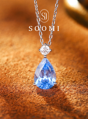 【新品 人鱼泪】培育宝石项链2.6ct海蓝宝水滴吊坠925纯银礼物女