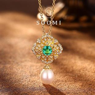 925银1ct木佐色培育祖母绿宝石项链中古风设计吊坠 SOOMI清风