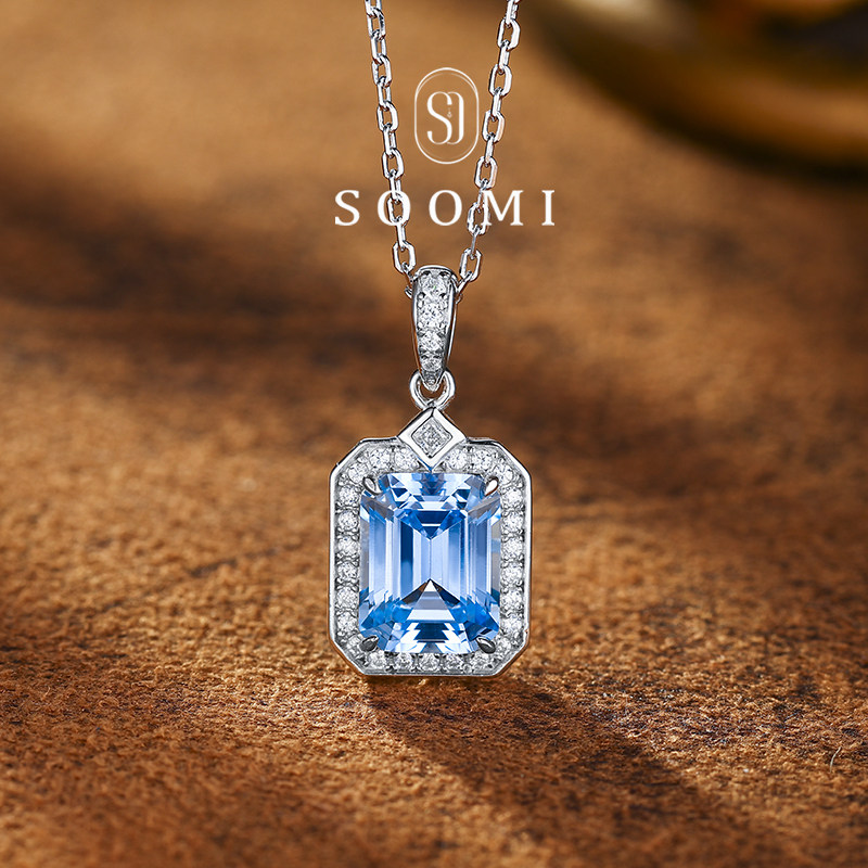 【新品 折柳】海蓝宝项链 小八角培育尖晶石宝石吊坠 天空蓝银镶