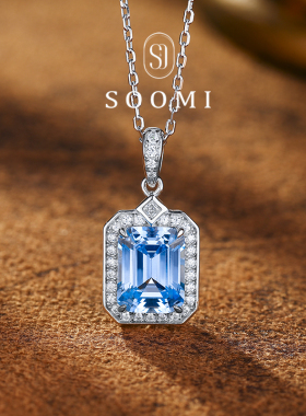 【新品 折柳】海蓝宝项链 小八角培育尖晶石宝石吊坠 天空蓝银镶