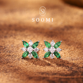 SOOMI四叶草系列 925银沃顿色培育祖母绿耳钉四叶草清新耳饰女