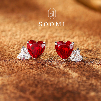 【SOOMI心影】红宝石耳钉2.2ct培育彩宝爱心形耳饰鸽血红宝石耳环