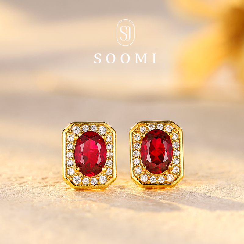 925银简约鸽血红耳钉女