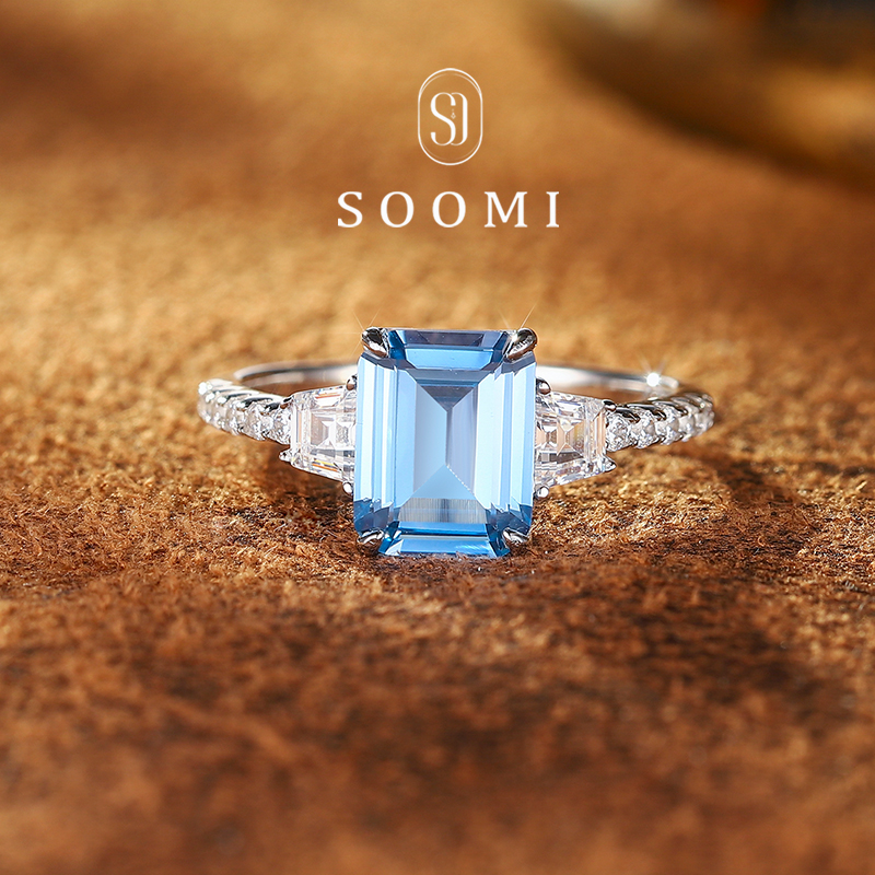 【SOOMI 玉玺】海蓝宝戒指2.2ct培育宝石925银公主方彩宝轻奢女戒